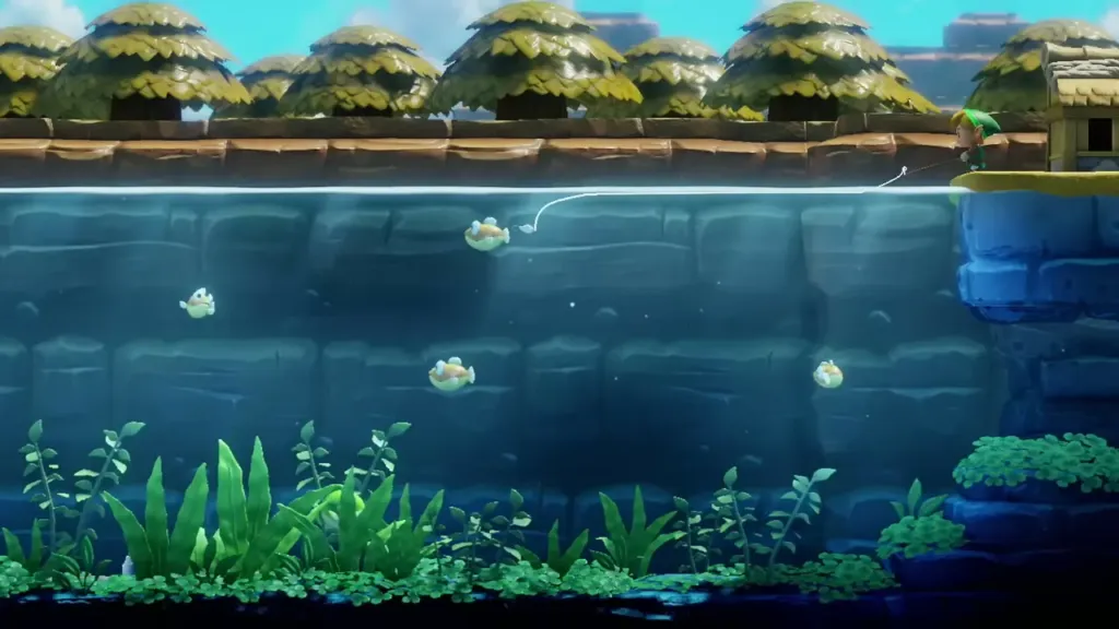 Underwater view of the pond with Link's line just cast and fish swimming near Underwater view of the pond with Link's line just cast and fish swimming near