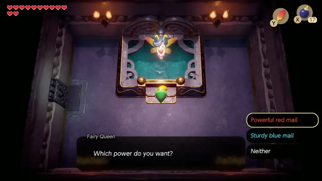 The Fairy Queen asking which power Link wants, with red mail, blue mail and neither The Fairy Queen asking which power Link wants, with red mail, blue mail and neither