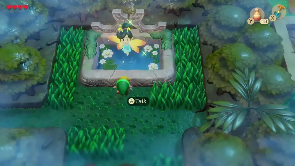 The Great Fairy over the small forest pond with Link at the edge ready to talk The Great Fairy over the small forest pond with Link at the edge ready to talk