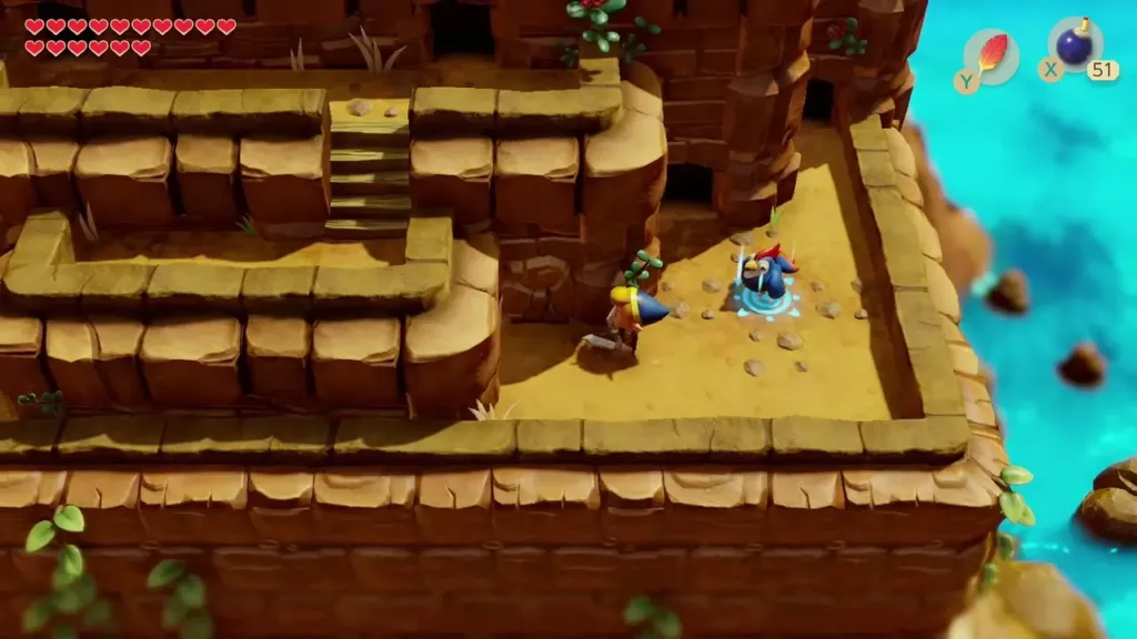 Link running from a bomb he set beside the cliff wall Link running from a bomb he set beside the cliff wall