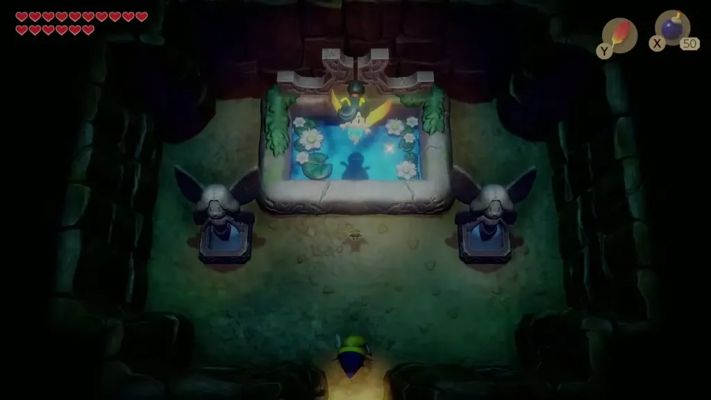 Link entering the dim fairy pool room with the Great Fairy above the water Link entering the dim fairy pool room with the Great Fairy above the water