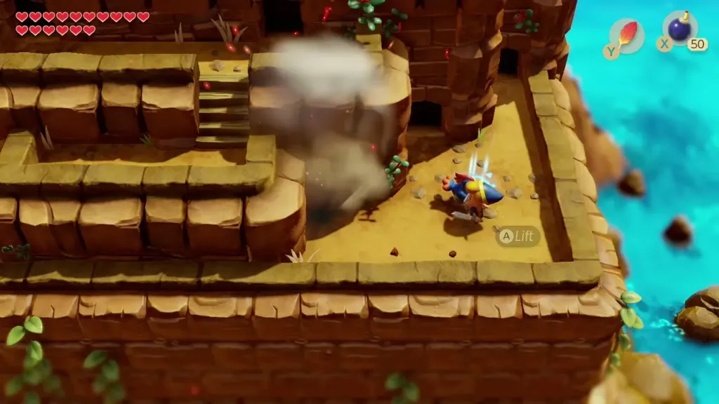 The cliff wall bursting open in smoke as Link stands beside it The cliff wall bursting open in smoke as Link stands beside it