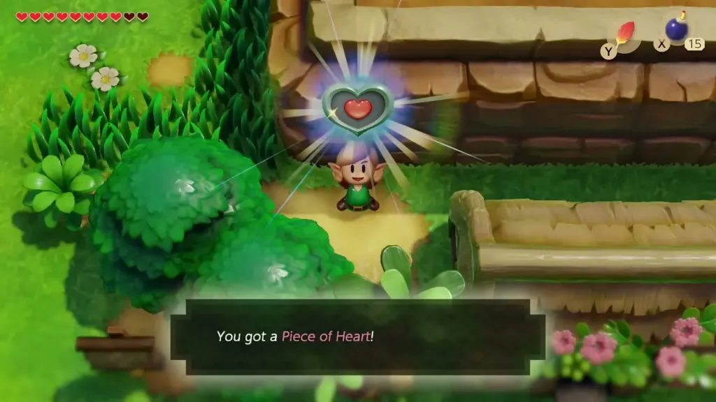 Link holding up a Piece of Heart beside the bushes with the item message shown