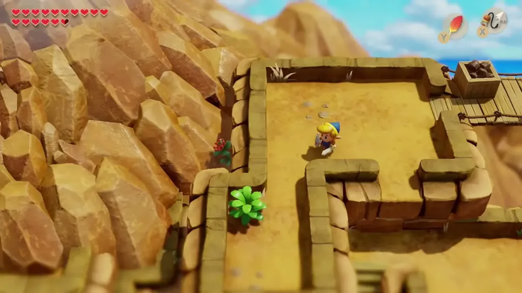 Link at the far end of the bridge beside a lone bush