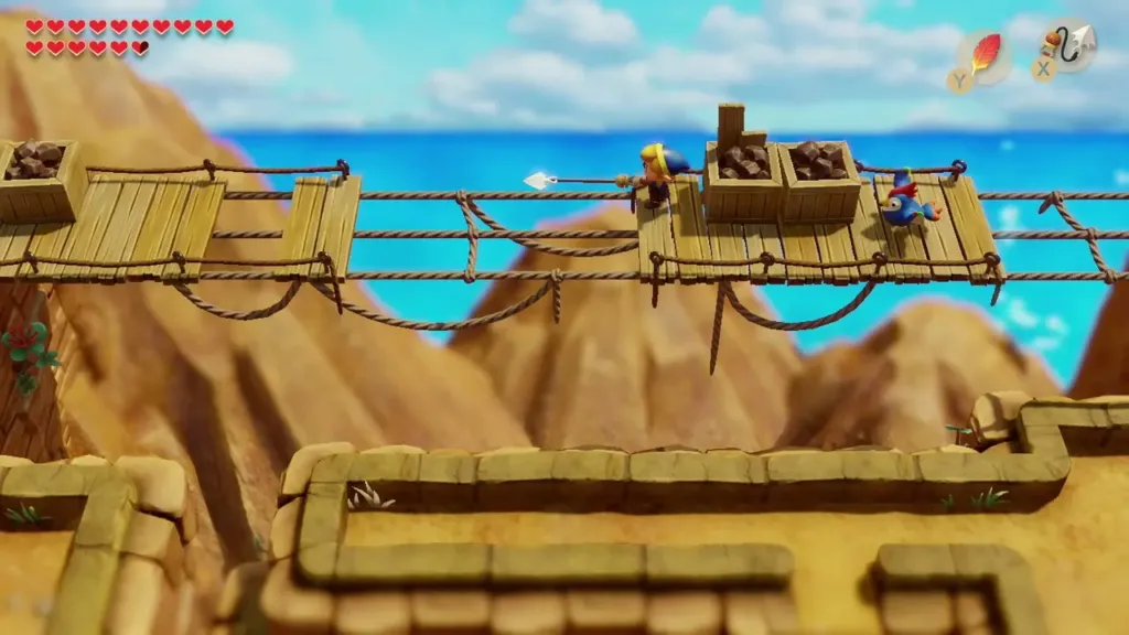 Link Hookshotting across the broken bridge on the cliff