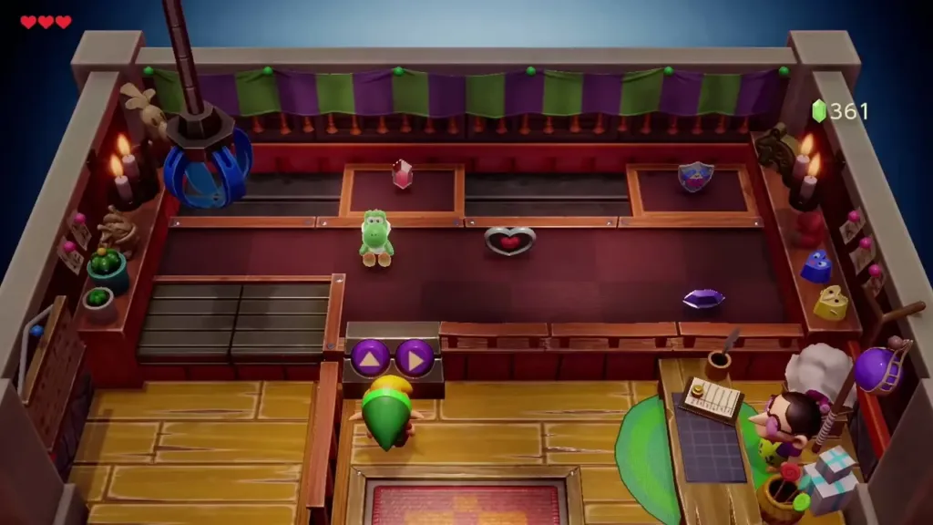 Link at the crane game controls with the Piece of Heart on the floor