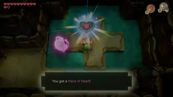 Link holding up a Piece of Heart on the cross platform with the item text box
