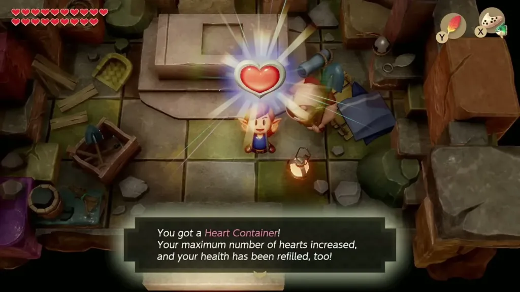 Link holding up the Heart Container with its message box