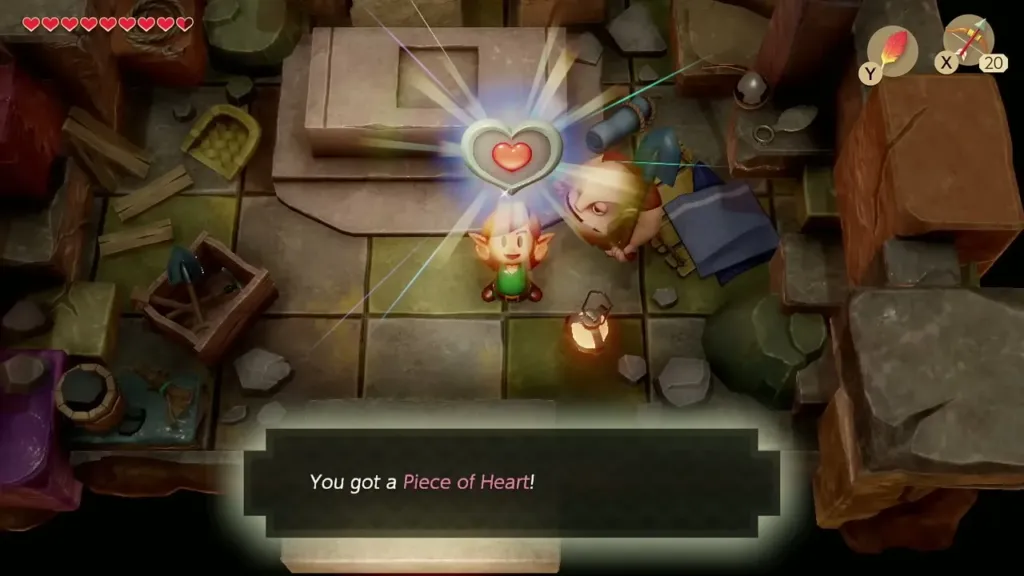 Link holding up a Piece of Heart from Dampe with the item message shown