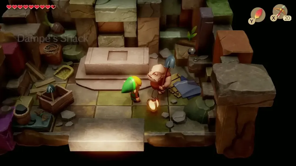 Link talking to Dampe inside his shack