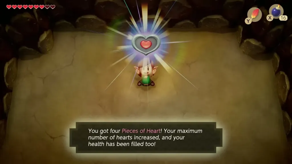 Link holding up the Piece of Heart with the item message shown