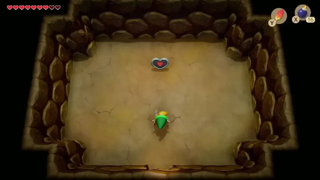 Hidden room with a Piece of Heart on the floor and Link walking in