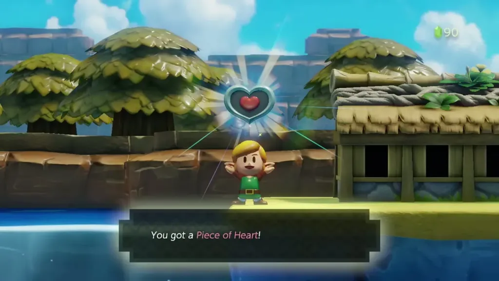 Link holding up a Piece of Heart with the item box beside the pond