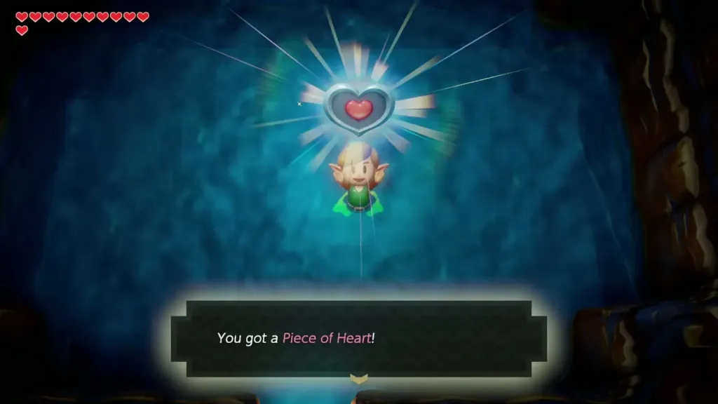 Link holding up a Piece of Heart underwater with the item text box