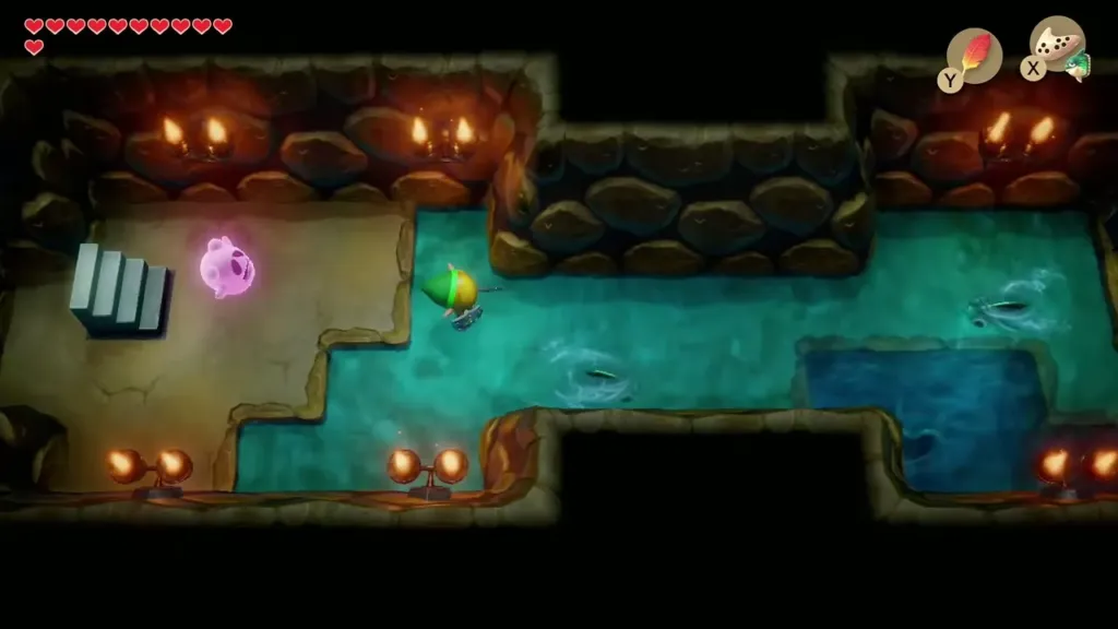 Link wading into the flooded tunnel toward the deep water