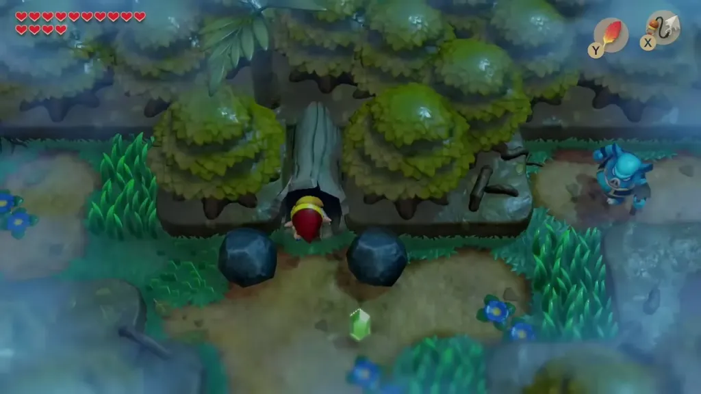 Link at the cave entrance in the Mysterious Forest between the rocks