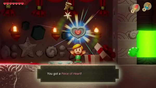 Link holding up the Piece of Heart in the Seashell Mansion, with the item message shown