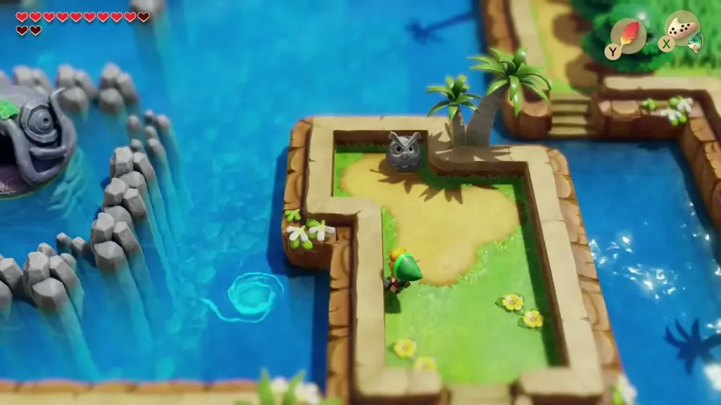 Link at the Mermaid Statue plateau beside a swirl in the bay water