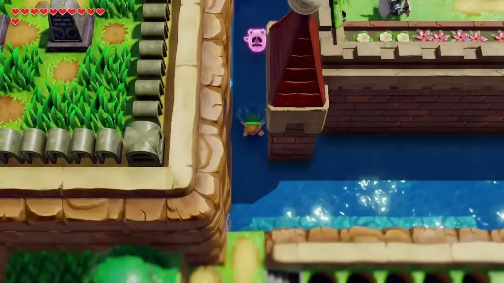 Link swimming the moat past the castle tower stairs