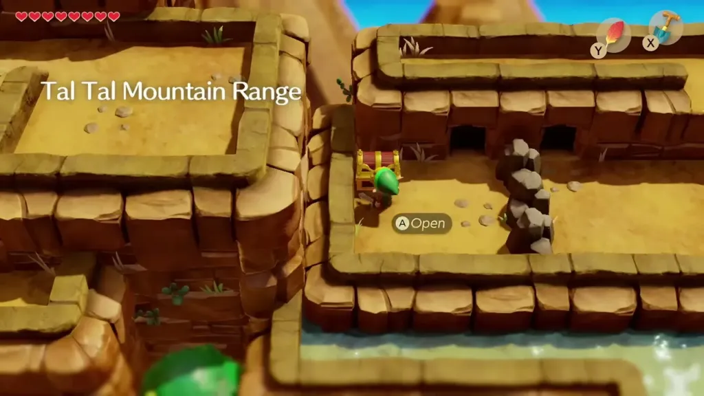 Link at the chest on the ledge outside the cave in the Tal Tal Mountain Range