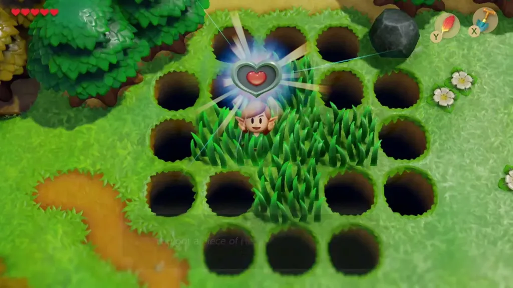 Link standing on the grass island holding up the Piece of Heart