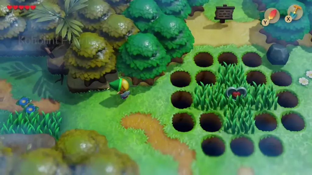 A grass patch with a Piece of Heart inside a ring of pits near the Mysterious Forest