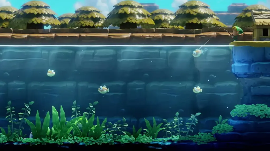 A fish hooked on Link's line at the pond