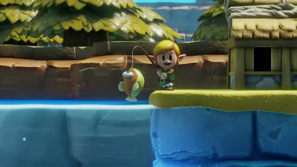 Link reeling a fish out of the pond