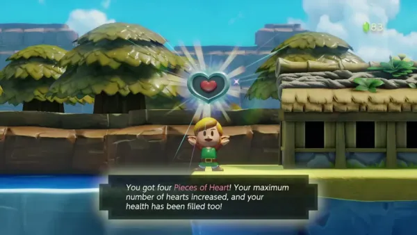 Link holding up a Piece of Heart after the catch