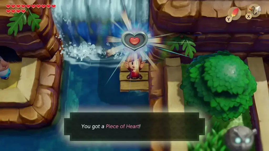 Link holding up a Piece of Heart on the raft with the item box shown