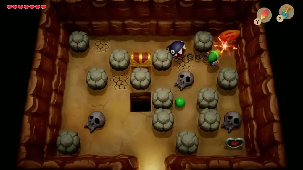 Link lifting skulls and rocks in the cave with the Piece of Heart in the corner