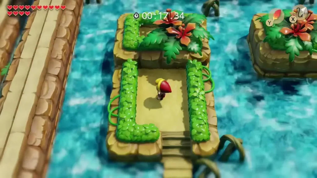 Link stepping onto the small grassy island