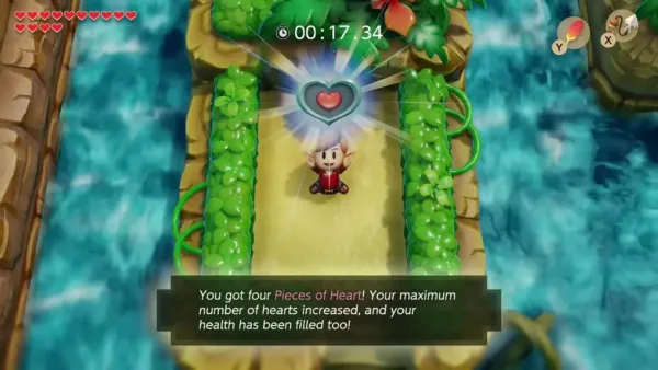 Link holding up the Piece of Heart on the island