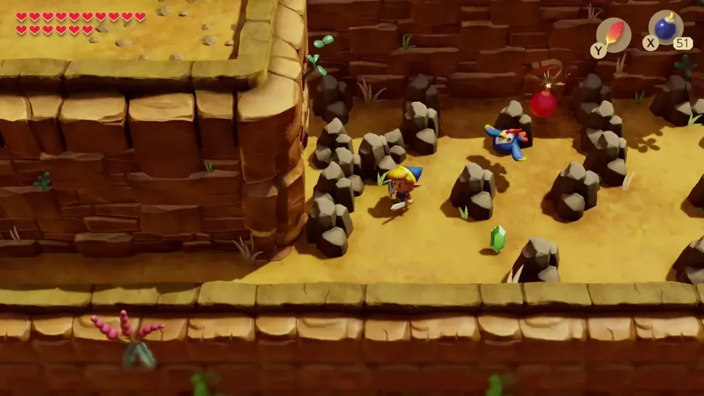 Link picking a way through the rocks along the ledge