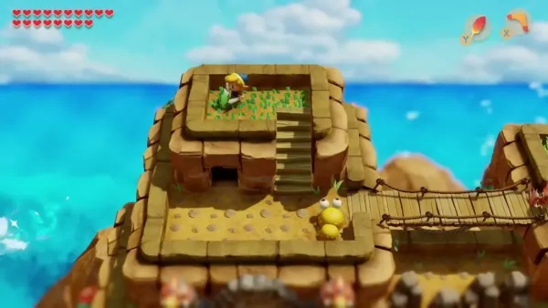 Link cutting the grass on the ledge above the entrance