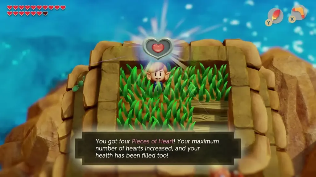 Link holding up the fourth Piece of Heart in the grass