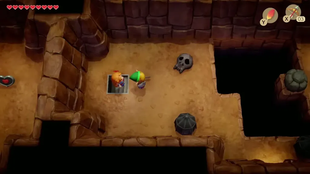 Link entering the Tal Tal Mountain cave where a Guardian Acorn waits Link entering the Tal Tal Mountain cave where a Guardian Acorn waits