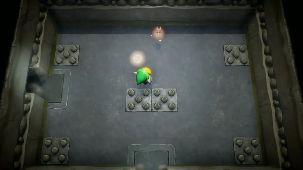 A fairy fluttering near Link in a stone room of the Color Dungeon A fairy fluttering near Link in a stone room of the Color Dungeon