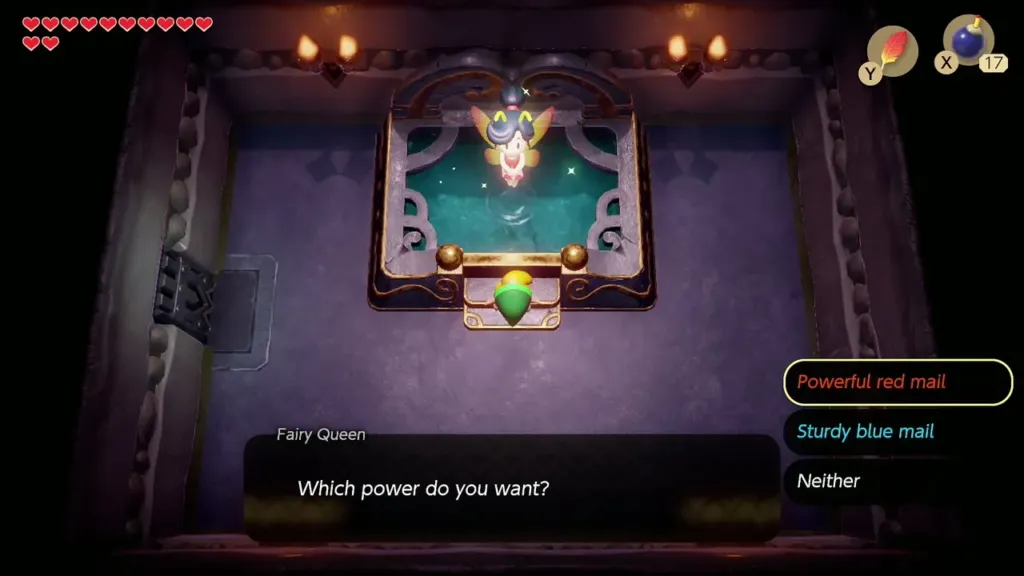 The Fairy Queen asking which power Link wants, with red mail, blue mail or neither The Fairy Queen asking which power Link wants, with red mail, blue mail or neither