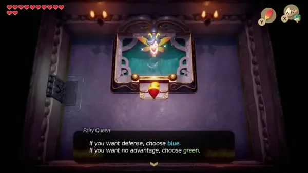 The Fairy Queen explaining the blue mail and green tunic options when Link returns The Fairy Queen explaining the blue mail and green tunic options when Link returns