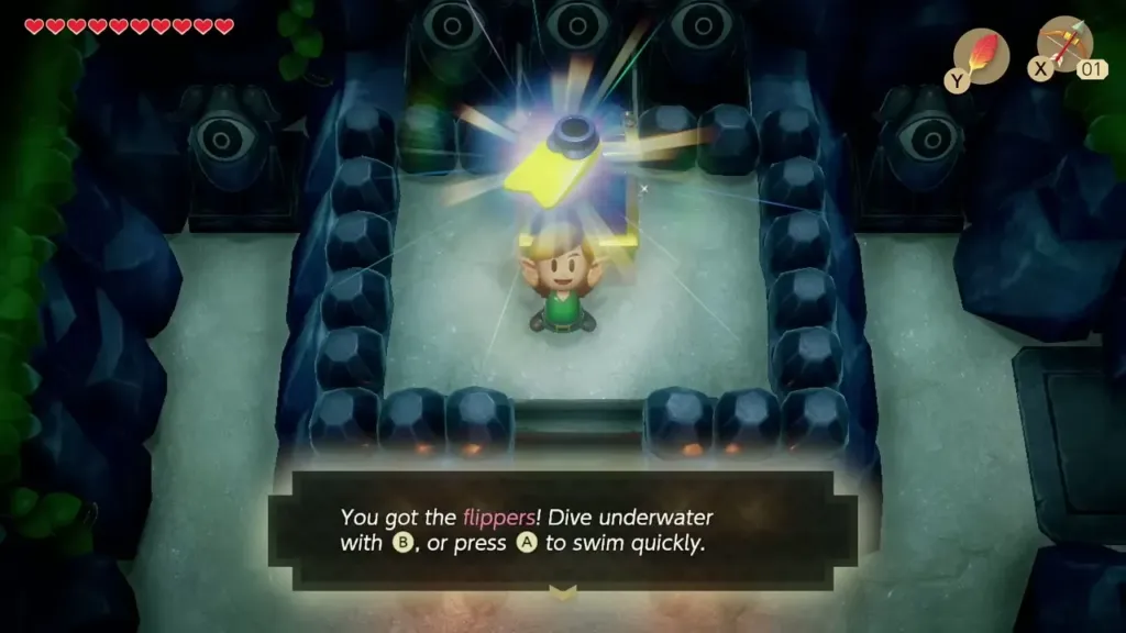 Link holding up the Flippers with its name box in Angler's Tunnel Link holding up the Flippers with its name box in Angler's Tunnel