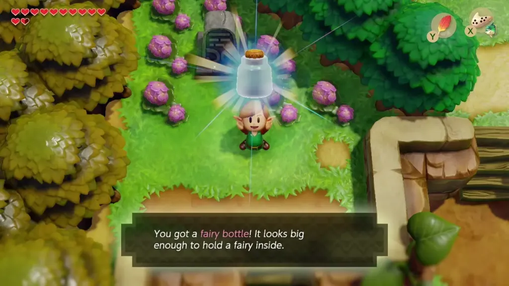Link holding up the fairy bottle at the grave with its name box Link holding up the fairy bottle at the grave with its name box