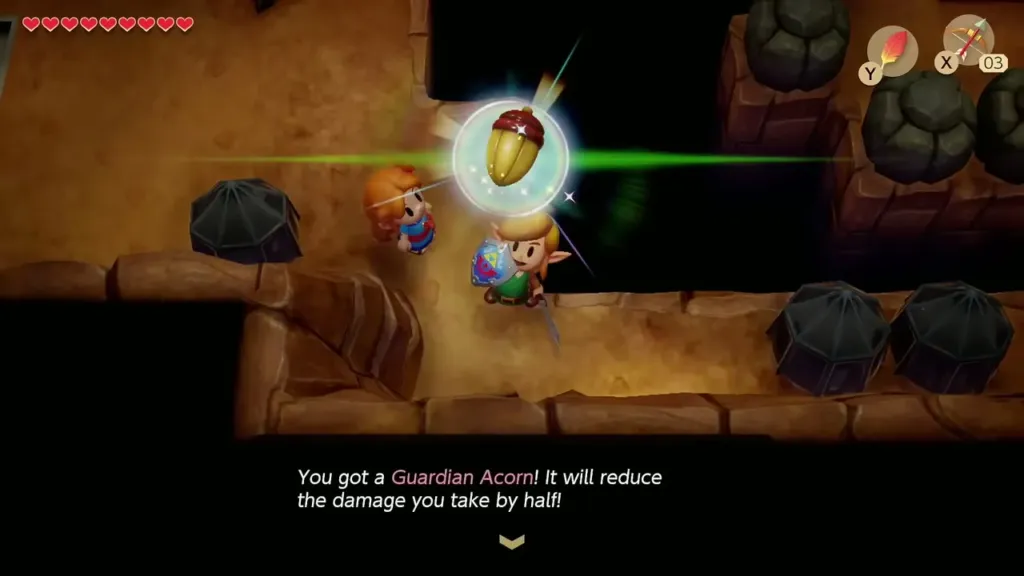 Link holding up the Guardian Acorn with its name box in the Tal Tal cave Link holding up the Guardian Acorn with its name box in the Tal Tal cave