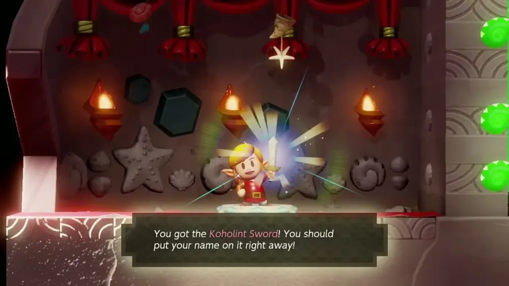 Link holding up the Koholint Sword with its name box Link holding up the Koholint Sword with its name box