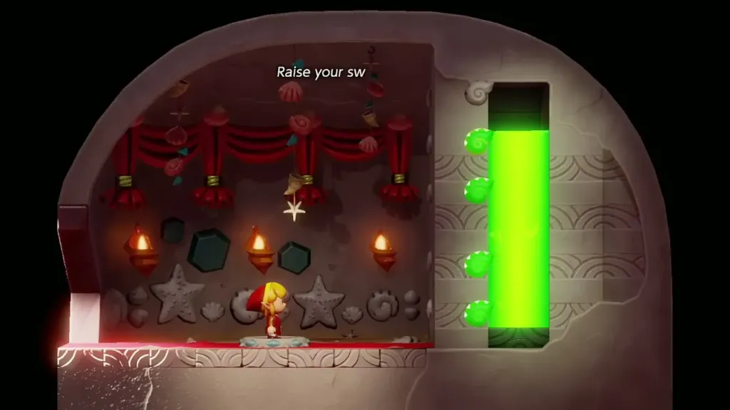 Link on the altar as the Mansion voice tells him to raise his sword Link on the altar as the Mansion voice tells him to raise his sword