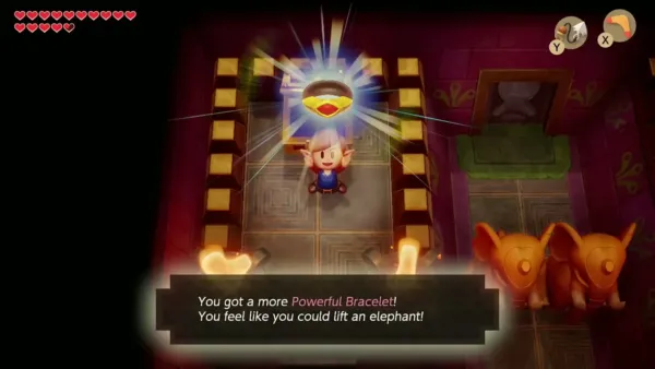 Link holding up the more powerful bracelet with its name box in the Face Shrine Link holding up the more powerful bracelet with its name box in the Face Shrine