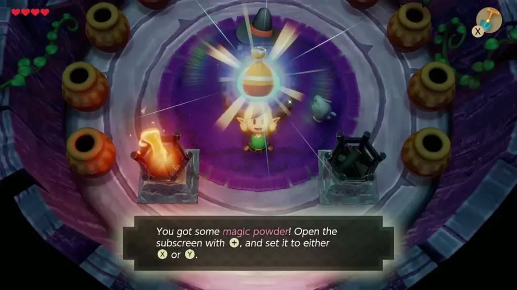 Link holding up the Magic Powder with its name box in the Witch's Hut Link holding up the Magic Powder with its name box in the Witch's Hut
