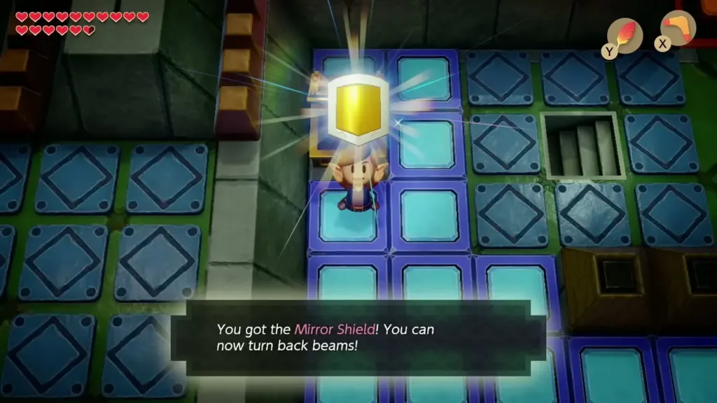 Link holding up the Mirror Shield with its name box in Eagle's Tower Link holding up the Mirror Shield with its name box in Eagle's Tower