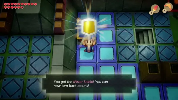 Link holding up the Mirror Shield with its name box in Eagle's Tower Link holding up the Mirror Shield with its name box in Eagle's Tower