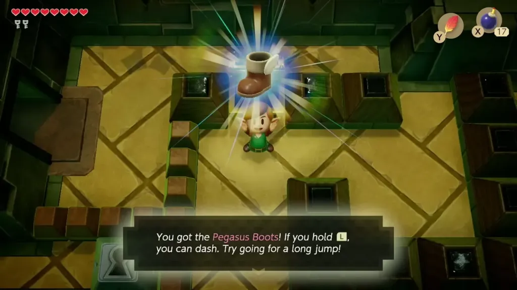 Link holding up the Pegasus Boots with its name box in Key Cavern Link holding up the Pegasus Boots with its name box in Key Cavern